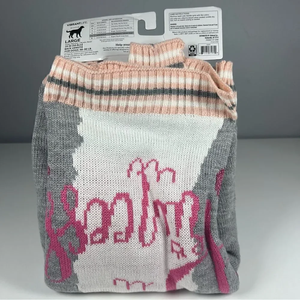 NEW Dog Princess Llama Grey & Pink Knit Sweater. Size Large